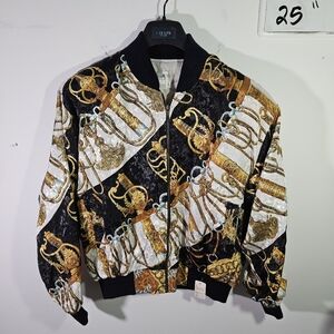 NWT Vintage 90's Women's D.M.D. Black & Gold Satin Full Zip Bomber Jacket!